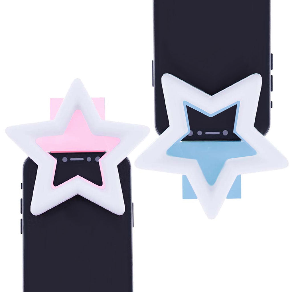 image of two star-shaped fashion ring lights, pink and blue.